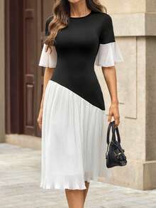 Editum 女士优雅撞色圆领荷叶边短袖拼接腰部褶皱雪纺连衣裙，精致旅行连衣裙、通勤连衣裙、约会连衣裙 - 黑與白 - 查看 9