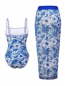 Swim Oasis 4-Season High-Selling Beach Vacation Plant Print Front Tie Strap One-Piece Swimsuit + Plant Print Solid Color Skirt 2Pcs Set - Multicolor - View 2