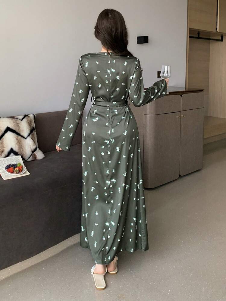 Charming Floral Allover Print Satin Long Waist Belt Cinched Women Nightgown
