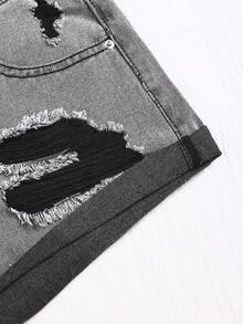 SHEIN EZwear 女士休闲做旧毛边牛仔短裤，带口袋 - 灰色 - 查看 5
