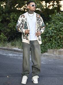 Devon Thys 男女皆宜的休闲宽松恐龙字母图案V领纽扣开衫毛衣，街头风，适合春、秋、冬季穿着。 - 杏色 - 查看 4