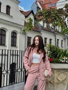 ORNATELLA 2pcs Women's Mellard Color Business Suit Set: Blazer Jacket + Straight Leg Pants - Pink - View 4