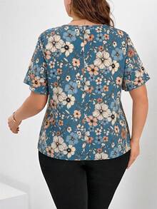 Reflora Spring Women's Khaki Base Printed Sleeve Double Ruffle Hem Plus Size Blouse, Elegant Daily Wear - Dusty Blue - View 2