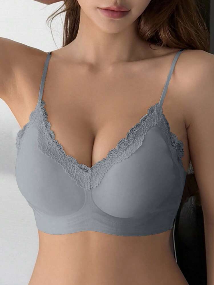 Lace Patchwork Seamless Slight Push Up Adjustable Strap Bra For Women