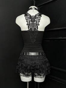 EgrlEra 女士哥特式圆形戒指细节蕾丝拼接吊带背心，夏季 - 黑色 - 查看 7