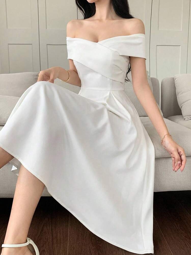 Women's Elegant Solid Color Off-Shoulder Mid-Length Dress, Summer,Valentine Outfits For Women Maxi Dress Sundress