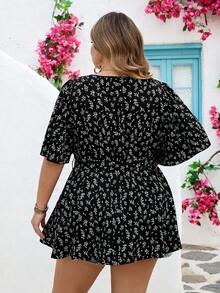 SHEIN CURVE+ Curve Size US22 Music Festival Seaside Vacation Bohemia Elegant Business Casual Women Ditsy Floral Butterfly Sleeve Ruffle Hem Blouse Black Summer - Black - View 3