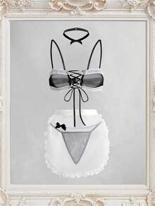 Fantasy Costume 4件套薄网纱女仆装：蕾丝拼接无钢圈软杯可调节肩带围裙和丁字裤项圈 - 黑與白 - 查看 6