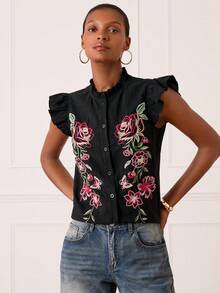 Lilora Women's Elegant Cotton Ruffle Sleeve Embroidered Blouse - Black - View 1