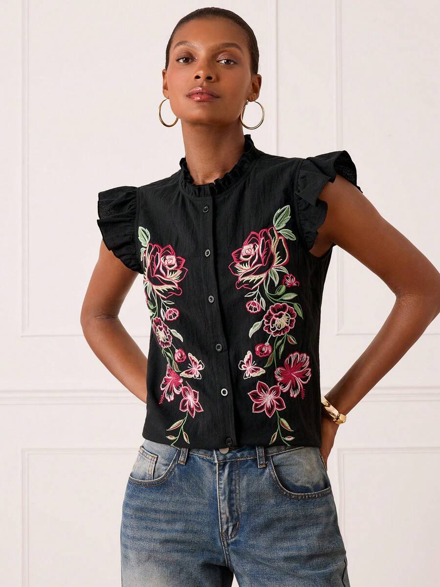 Lilora Women's Elegant Cotton Ruffle Sleeve Embroidered Blouse - Black - View 1