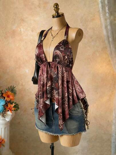 Solea Vida Top sans manches pour femmes à boucle métallique, ourlet irrégulier, imprimé, idéal pour les vacances, le printemps/été, les festivals de musique, les fêtes, le style casual, le port quotidien pour jeune femme