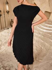 Modelyn Women's Elegant Vintage Asymmetric Shoulder Asymmetric Shoulder Ruched Pleated Bodycon Asymmetrical Hem Midi Dress - Black - View 5