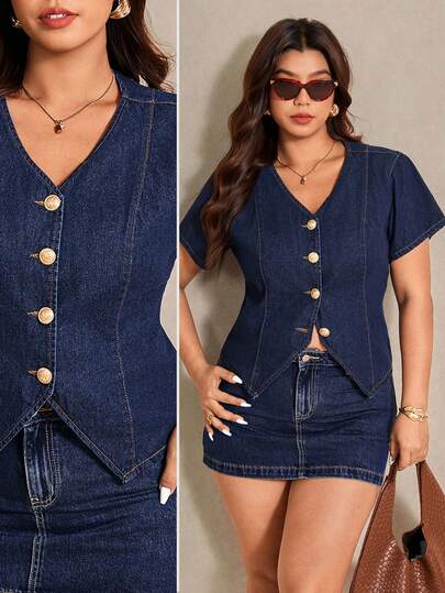 Elaquor Plus Size Solid V-Neck Raglan Short Sleeve Denim Top, Fashionable For Summer