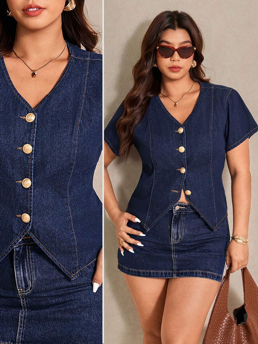 Elaquor 大码纯色V领插肩短袖牛仔上衣，夏季时尚之选 - 深色水洗藍 - 查看 1