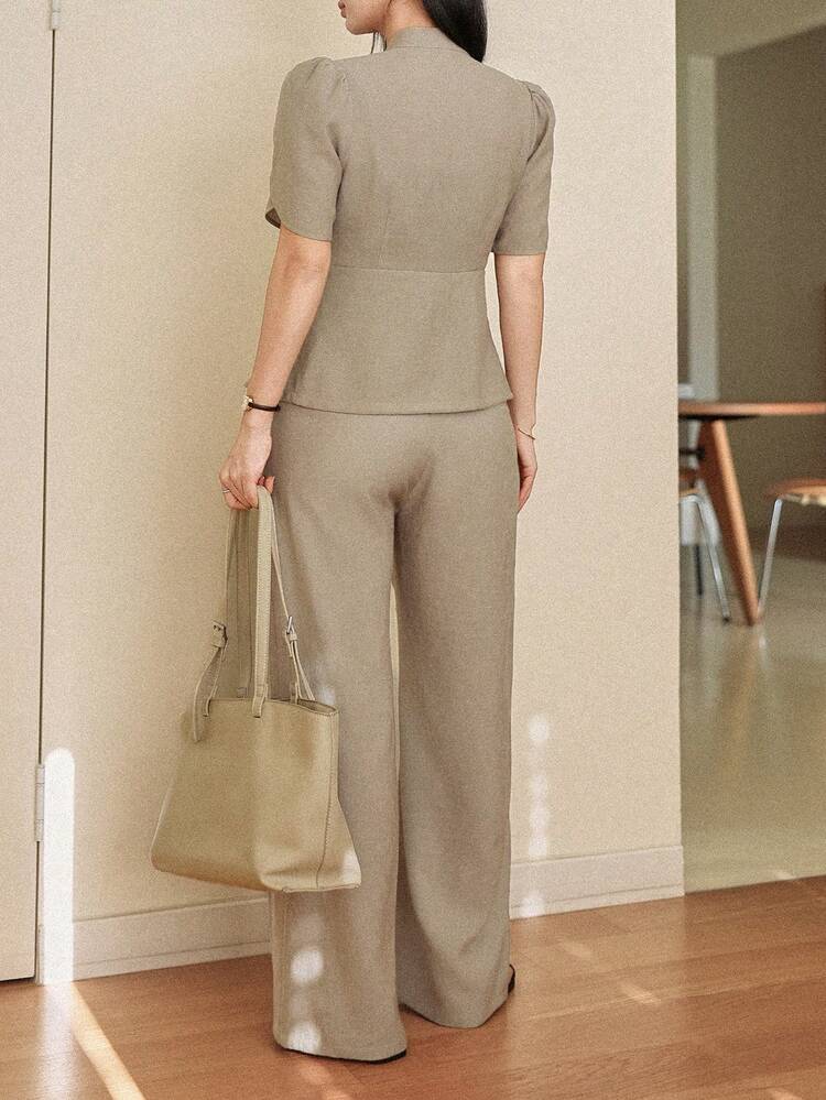 Women's Solid Color Mandarin Collar Single-Breasted Short Sleeve Top And Wide Leg Pants Casual Suit For Commuting And Outings,Wedding Guest Dress Women Business Casual Woman
