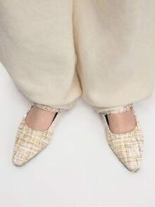 Mnmlis 女士新款灰色法式低跟尖头简约时尚羊毛玛丽珍鞋 - 米杏色 - 查看 6