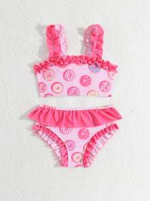 Young Girl Donut Print Frill Trim Bikini Set,Summer Beach Holiday Kids High Waist Ruffled 2 Pcs Bathing Suit,Toddler Girls Two Pieces Swimwear Set - Hot Pink - View 3