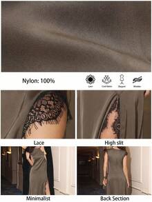 Maija 2026 Women's Lace Patchwork Flare Sleeve Round Neck High Slit Party Dress - Brown - View 3