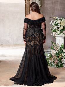 Aureia Plus Size Black Winter Elegant Formal Prom Special Ocassion Off-Shoulder Sequin Lace Splice Sheer Mesh Mermaid Hem Dress For Evening Party Wedding - Black - View 3