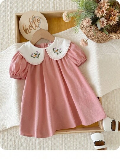 Babygirl Elegant & Cute Pink Floral Embroidery Collared Dress