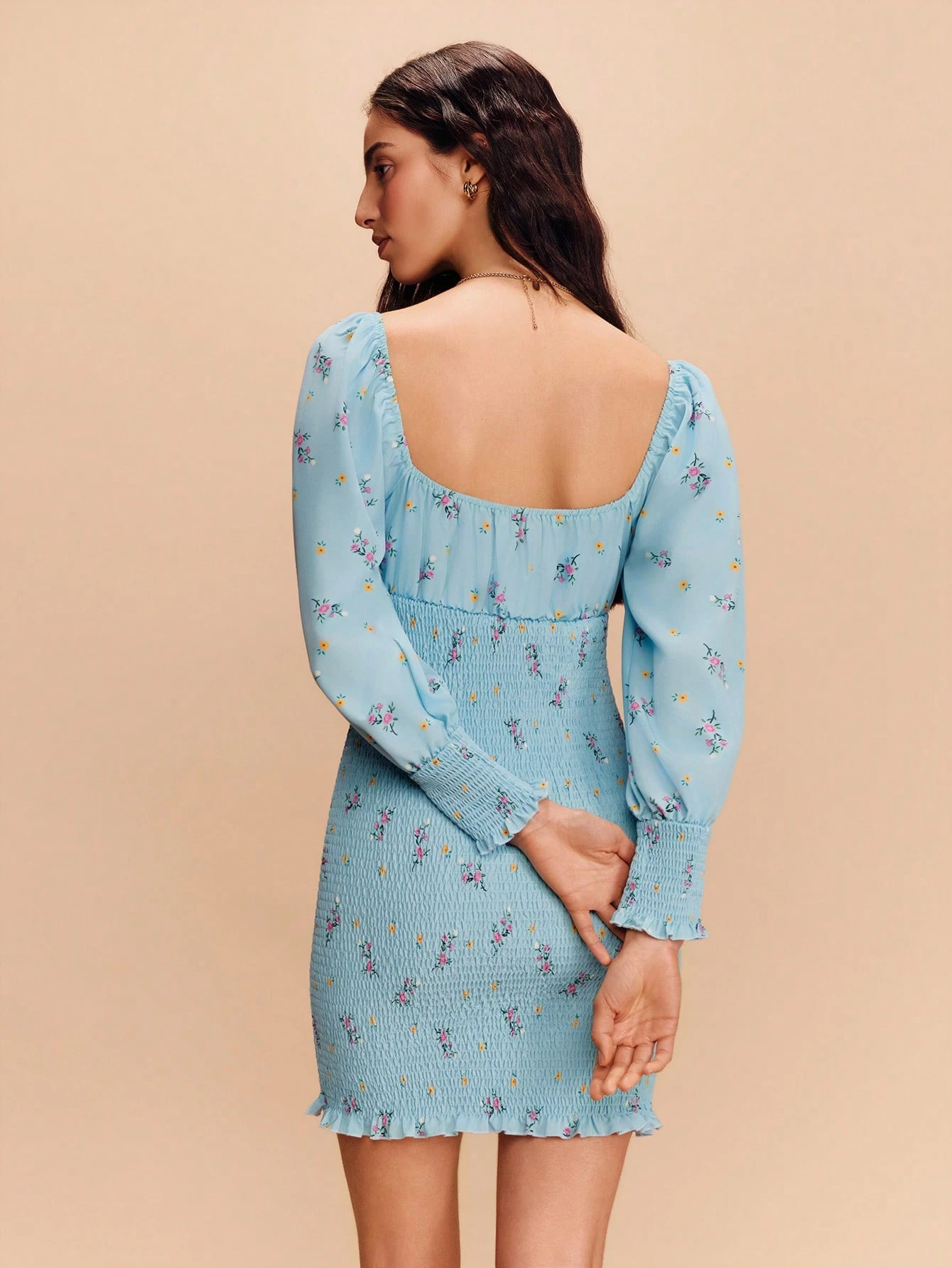 Short Smocked Dress With Blue Floral Print, Featuring A Square Neckline And Lace Details Cute Spring Summer French Style Parisian Style Going Out Birthday Dress