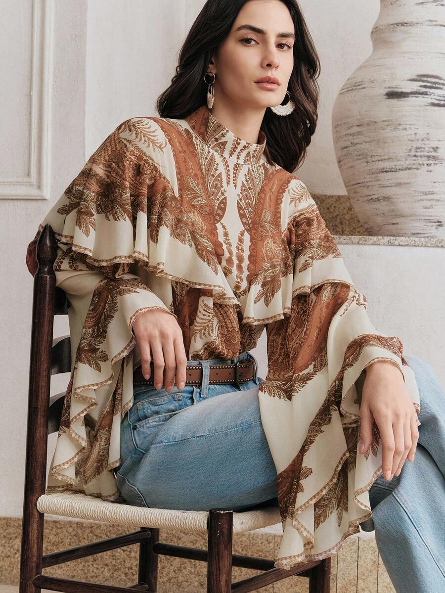 Anewsta Áo kiểu nữ tay dài dáng rộng, cổ bèo, họa tiết hoa thanh lịch, phong cách retro, thích hợp cho lễ hội, mùa xuân hè và các kỳ nghỉ. - Nhiều màu - Xem 1