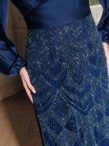 Anewsta Women's Fashion New Valentine's Day Wedding Bridesmaid Hot-Selling Heavily Beaded Long Sleeve Elegant Party Dress Royal Blue Elegant Dress Women Luxury Dress For Women Blue Silk Dress French Style Dress Long Sleeve Elegant Dress - Blue - View 2