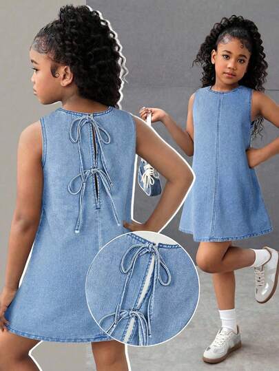 SHEIN Tween Girl Rygglös Rund Hals Avslappnad Blå Denim Ärmlös Klänning