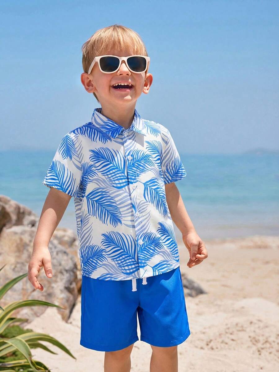 SHEIN Young Boy Vacation Beach Plant Print Shirt And Shorts 2 Pieces Set - Blue - View 1