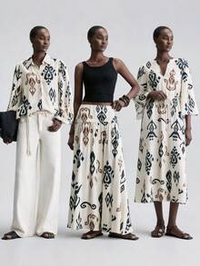 Ontre 女士印花亚麻混纺舒适吸湿面料常规腰部拼接褶皱中长A字裙，现代都市时尚商务休闲办公装，优雅机场邮轮造型，百搭高品质轻盈奢华半身裙 - 彩色 - 查看 2