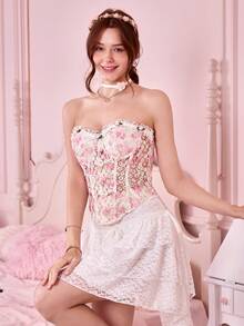 INS 时尚聚拢紧身文胸，花卉刺绣衬垫文胸，蕾丝花边，露背吊带短款上衣，适合夏季 - 淺粉色 - 查看 3