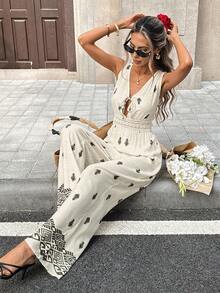 SHEIN PariChic Women's New Deep V-Neck Sleeveless Cinched Waist Printed Wide Leg Jumpsuit - Apricot - View 1