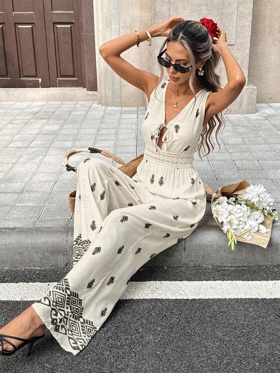 SHEIN PariChic Women's New Deep V-Neck Sleeveless Cinched Waist Printed Wide Leg Jumpsuit - Apricot - View 1