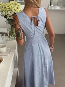 Livesso Vestido midi sin mangas a rayas con cinturón azul, conjunto de playa de estilo campestre para el verano - Azul - Ver 2