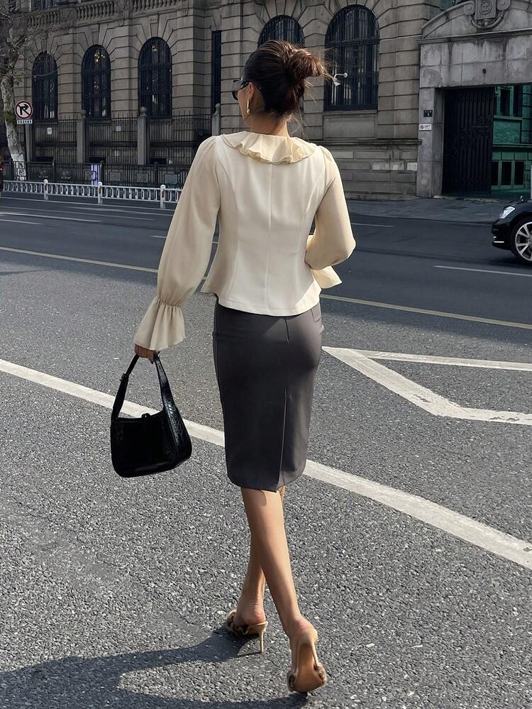 Women's Elegant Cinched Waist Long Sleeve Shirt, White, For Commuting In Summer