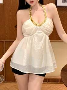 DAZY Women's Elegant Sexy Sequin Textured Halter Neck Top, Summer Halter Top Golf White Going Out Tops - White - View 2