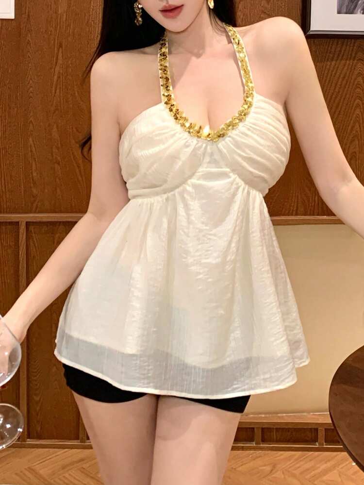 Women's Elegant Sequin Textured Halter Neck Top, Summer