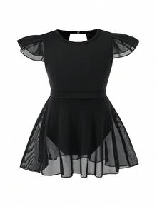 Young Girls Elegant & Cute Flutter Sleeve Professional Ballet Dance Leotard With Skirt, Training Activewear - Black - View 6