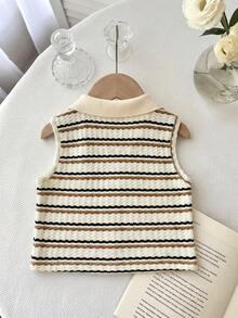 SHEIN Young Girl Knitted Cute Bear Embroidery Striped Casual Polo Vest,Top,Tank Top,Summer Outfits,Baby Girls Clothes,Summer Tops Striped Polo Shirt Striped Tops,Back To School Wear,Daily Wear. - Apricot - View 7
