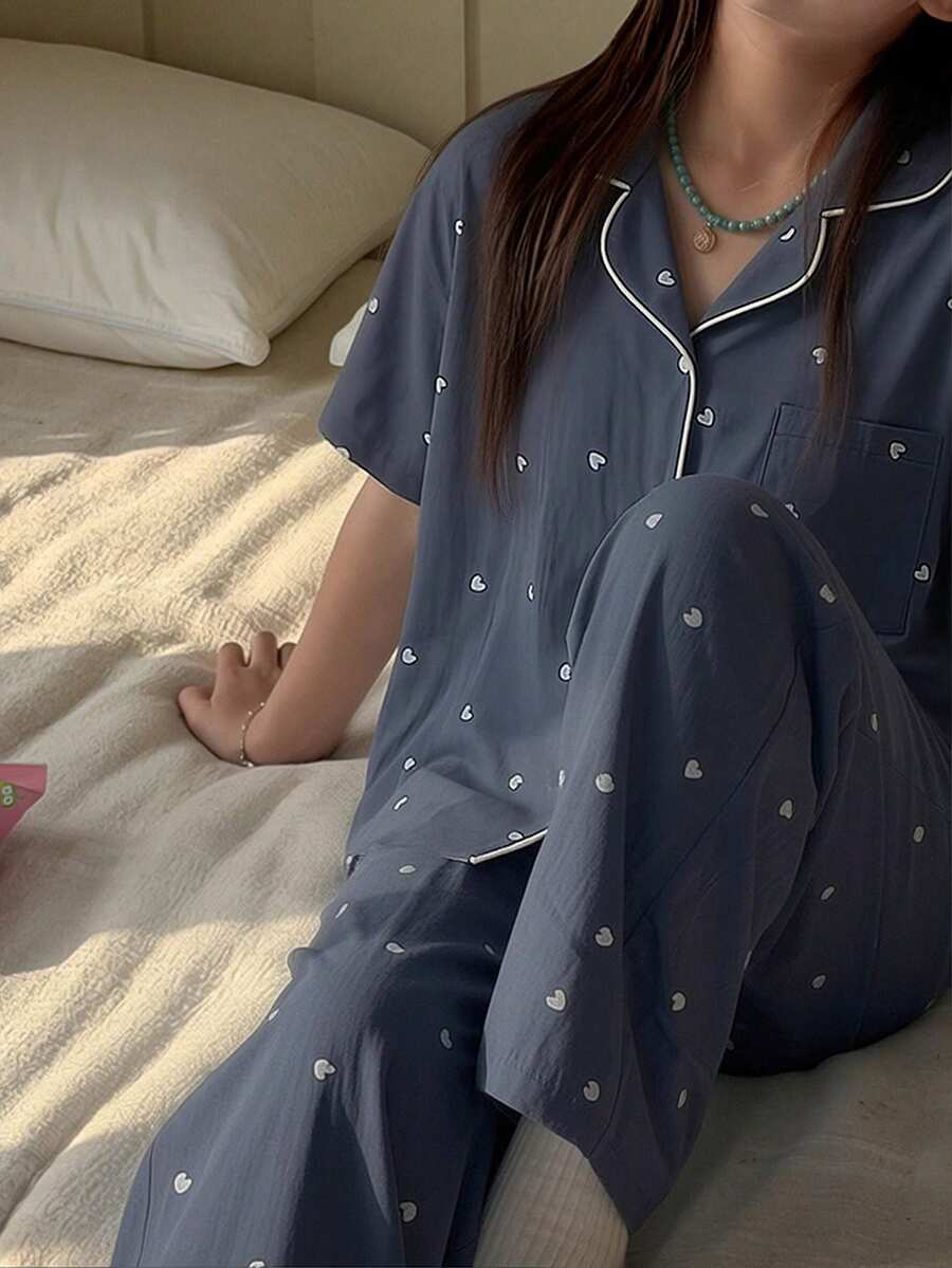 DAZY Tween Girl Tween Girls Heart Print Contrast Trim Loungewear Set, Fall Summer - Navy Blue - View 1