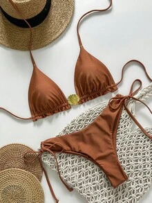 Swim Vcay Springbreak Women's Solid Color Spaghetti Strap Metal Shell Decor Side Tie Minimalist Bikini Set, Summer - Brown - View 3