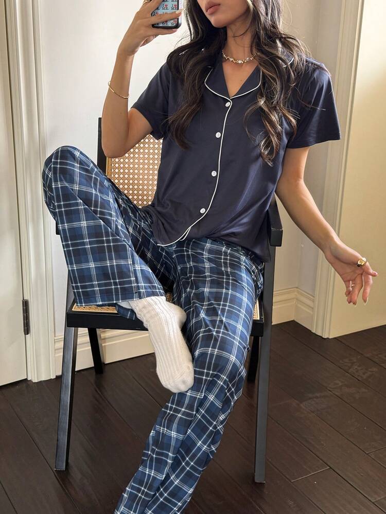 Set pigiama casual da donna con stampa a quadri, collo a bavero e maniche corte - Multicolore - Visualizzare 1