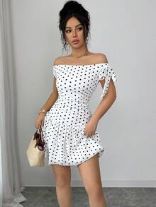 Elenzga 女士新款夏季波点印花无袖吊带蝴蝶结不对称优雅浪漫休闲度假白色连衣裙 - 白色 - 查看 5