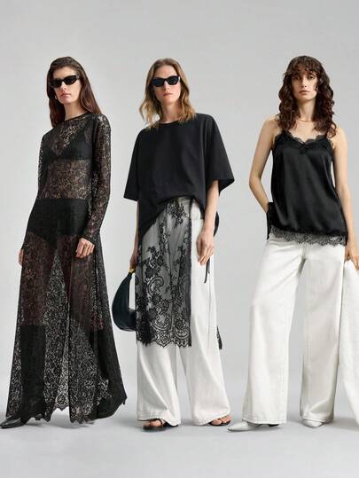 Ontre 女士多功能缎面吊带背心，舒适柔软，蕾丝饰边，侧开衩设计，性感迷人。适合都市通勤、商务休闲、办公室穿着，优雅百搭，亦可作为冬季毛衣、圣诞节或新年派对的必备单品。