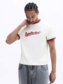 SUMWON Herren Slim Fit Rundhals Kurzarm T-Shirt mit Schrift Logo Muster, burgunderroter Kontrastbesatz, lässiges Sommer-Oberteil - Aprikosenfarben - Übersicht 4