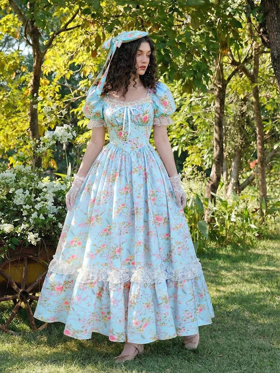 SHEIN MOD 粉色花卉蕾丝荷叶边花瓣袖连衣裙 - 淺藍色 - 查看 1