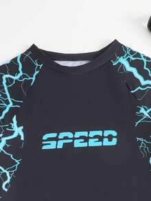 2pcs/Set Teenage Boys' Lightning Print Elastic Quick-Dry Comfortable Knit Fabric Short Sleeve Top + Woven Fabric Beach Shorts, Suitable For Teenagers (Boys) Swimwear, Beach, Pool, Seaside, Surfing, Vacation, Summer, Travel Junior Surf Swimwear Boys Swim Trunk Rash Guard Teen Boy Beach Wear Short Sleeve Swimsuit With Shorts Boys Athletic Set Boy Swim Sets Boys Rash Guard Set Boys Graphic 2 Piece Shorts Set Lightning Print Swimwear Boy Short Set - Black - View 6