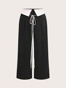 SHEIN SXY Quần kẻ sọc cạp cao màu đỏ cỡ lớn cho nữ, phù hợp mặc hàng ngày, công sở, đơn giản, đi làm, thanh lịch, giản dị, mua sắm, dạo phố, đi chơi, đơn giản và đa năng, dễ phối đồ và trông thon gọn, tôn dáng, tôn dáng, xuân/hè - màu đen - Xem 11