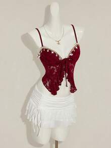 SHEIN ICON Camiseta de tirantes con abertura en el bajo, de tela jacquard con textura - Burdeos - Ver 7