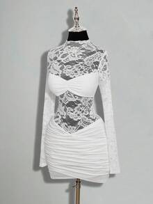 SHEIN ICON Women's Lace Patchwork Ruffle Elegant Date Party Mini Dress - White - View 3